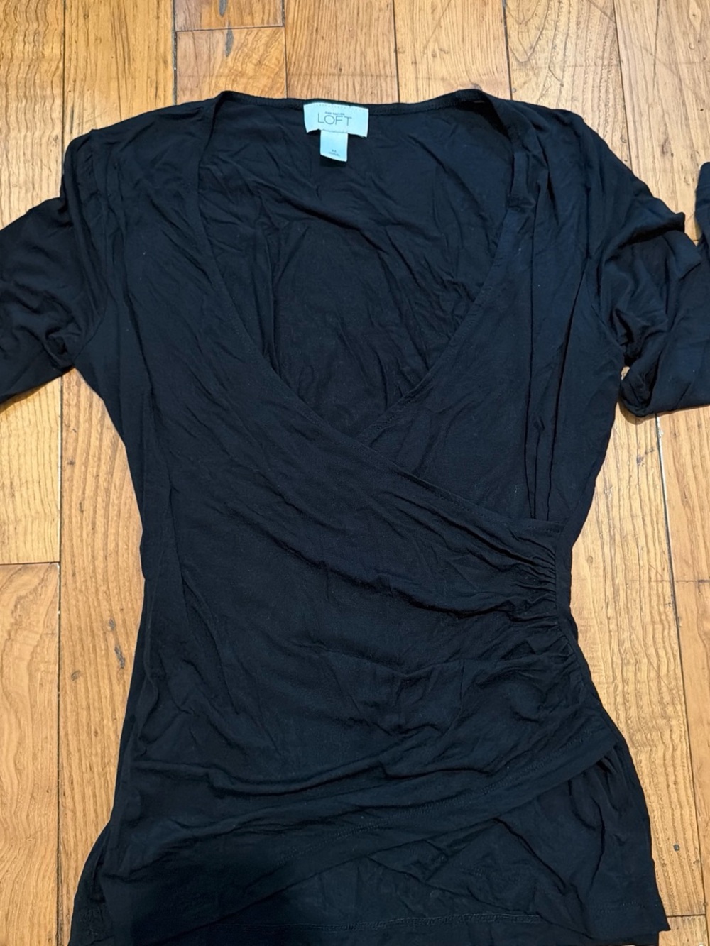 LOFT Black Short-Sleeve Faux Wrap V-Neck Top